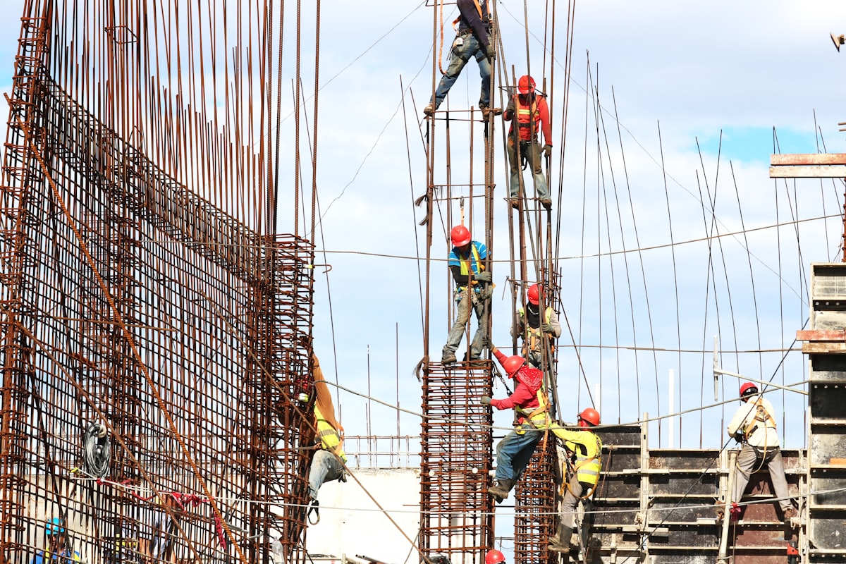 Workers building timber formwork on scaffolding